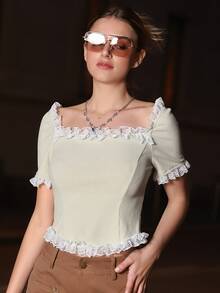 SHEIN Camiseta con encaje en contraste tejido de canalé - Beis - Ver 11