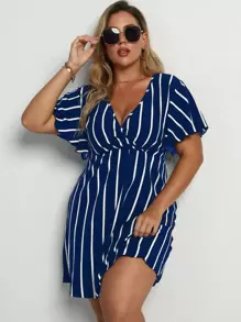 Calvaya Plus Striped Surplice Front Dress - Blue and White - View 1
