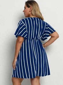 Calvaya Plus Striped Surplice Front Dress - Blue and White - View 2