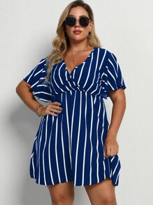 Calvaya Plus Striped Surplice Front Dress - Blue and White - View 3