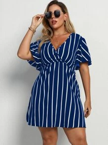 Calvaya Plus Striped Surplice Front Dress - Blue and White - View 6
