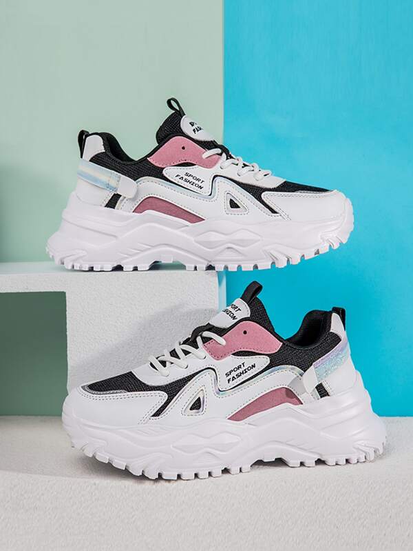 Men Colorblock Lace-up Front Sneakers, Sport Outdoor Mesh Chunky Sneakers