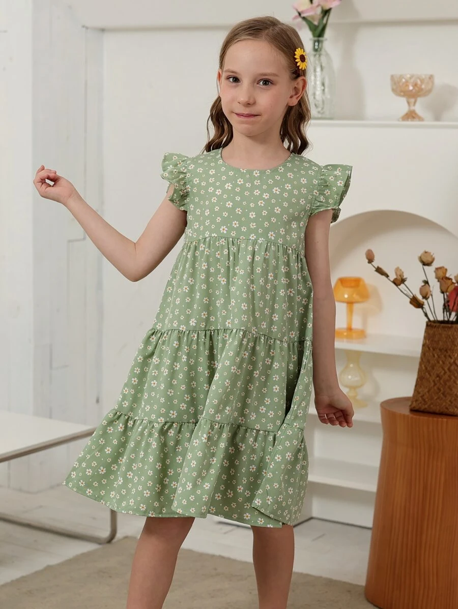 Girls Ditsy Floral Print Ruffle Trim Smock Dress - Mint Green - View 1