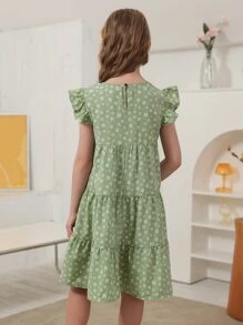 Girls Ditsy Floral Print Ruffle Trim Smock Dress - Mint Green - View 2