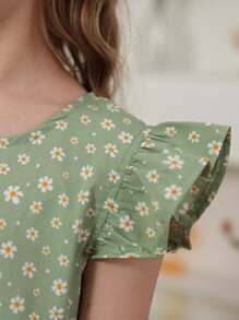 Girls Ditsy Floral Print Ruffle Trim Smock Dress - Mint Green - View 6