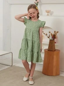 Girls Ditsy Floral Print Ruffle Trim Smock Dress - Mint Green - View 4