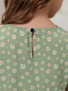 Girls Ditsy Floral Print Ruffle Trim Smock Dress - Mint Green - View 7