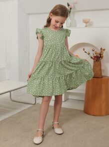 Girls Ditsy Floral Print Ruffle Trim Smock Dress - Mint Green - View 5