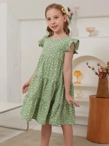 Girls Ditsy Floral Print Ruffle Trim Smock Dress - Mint Green - View 3