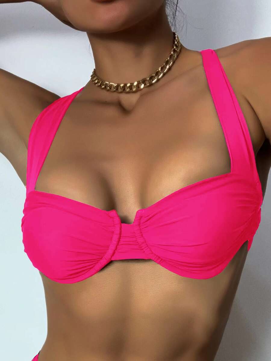 SHEIN Swim Summer Beach Ruched Underwire Bikini Top - Hot Pink - View 1