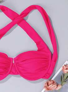 SHEIN Swim Summer Beach Ruched Underwire Bikini Top - Hot Pink - View 3
