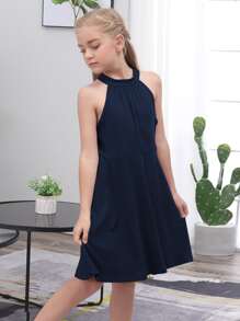 Gorlya Tween Girl Casual Sleeveless Halter Neck With Back Knot Design A-Line Dress, Suitable For Casual Outdoor Activities, Shopping, Walking, Vacation, Performances, Parties - Navy Blue - View 1
