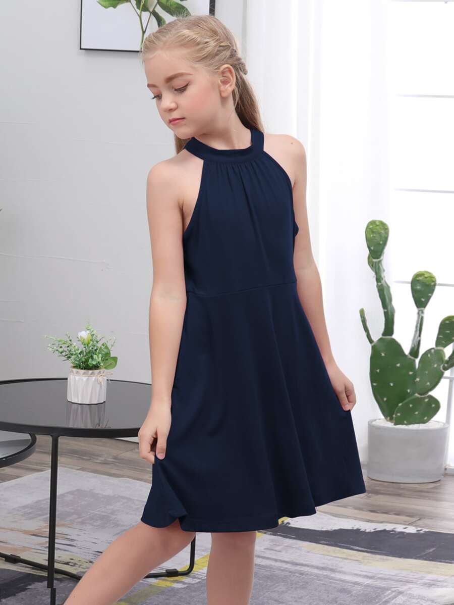 Gorlya Tween Girl Casual Sleeveless Halter Neck With Back Knot Design A-Line Dress, Suitable For Casual Outdoor Activities, Shopping, Walking, Vacation, Performances, Parties - Navy Blue - View 1