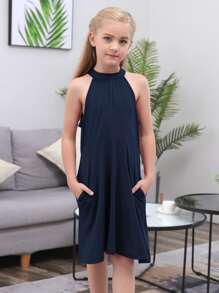 Gorlya Tween Girl Casual Sleeveless Halter Neck With Back Knot Design A-Line Dress, Suitable For Casual Outdoor Activities, Shopping, Walking, Vacation, Performances, Parties - Navy Blue - View 3