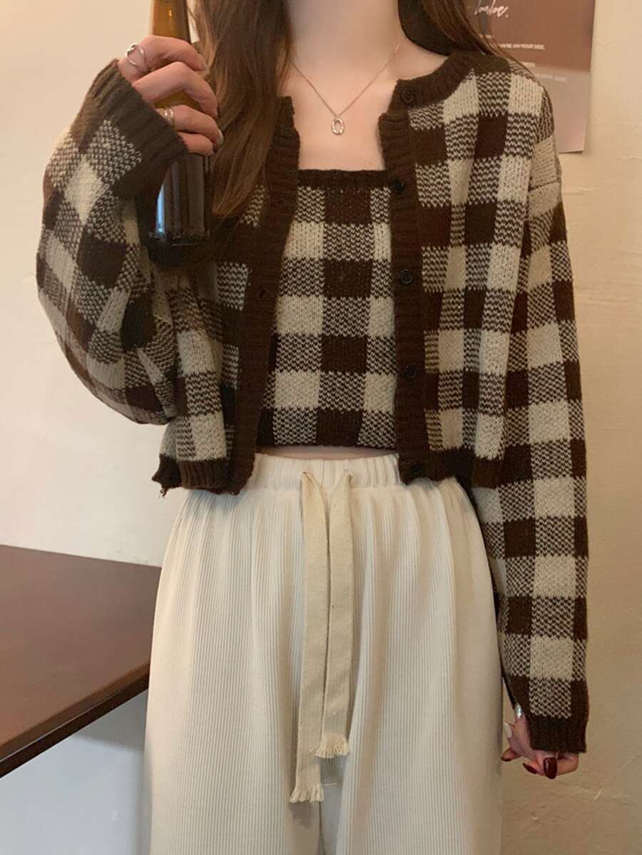 雙色格子落肩袖開襟衫和針織吊帶上衣 - 棕色 - 查看 1