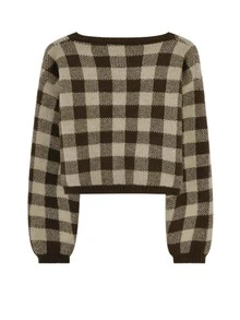 雙色格子落肩袖開襟衫和針織吊帶上衣 - 棕色 - 查看 2