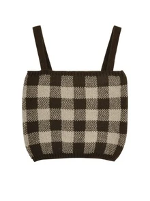 雙色格子落肩袖開襟衫和針織吊帶上衣 - 棕色 - 查看 3