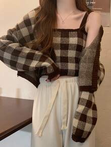 雙色格子落肩袖開襟衫和針織吊帶上衣 - 棕色 - 查看 4
