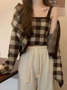 雙色格子落肩袖開襟衫和針織吊帶上衣 - 棕色 - 查看 6