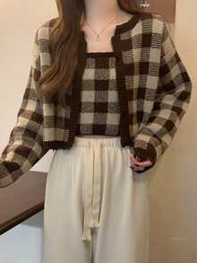 雙色格子落肩袖開襟衫和針織吊帶上衣 - 棕色 - 查看 7