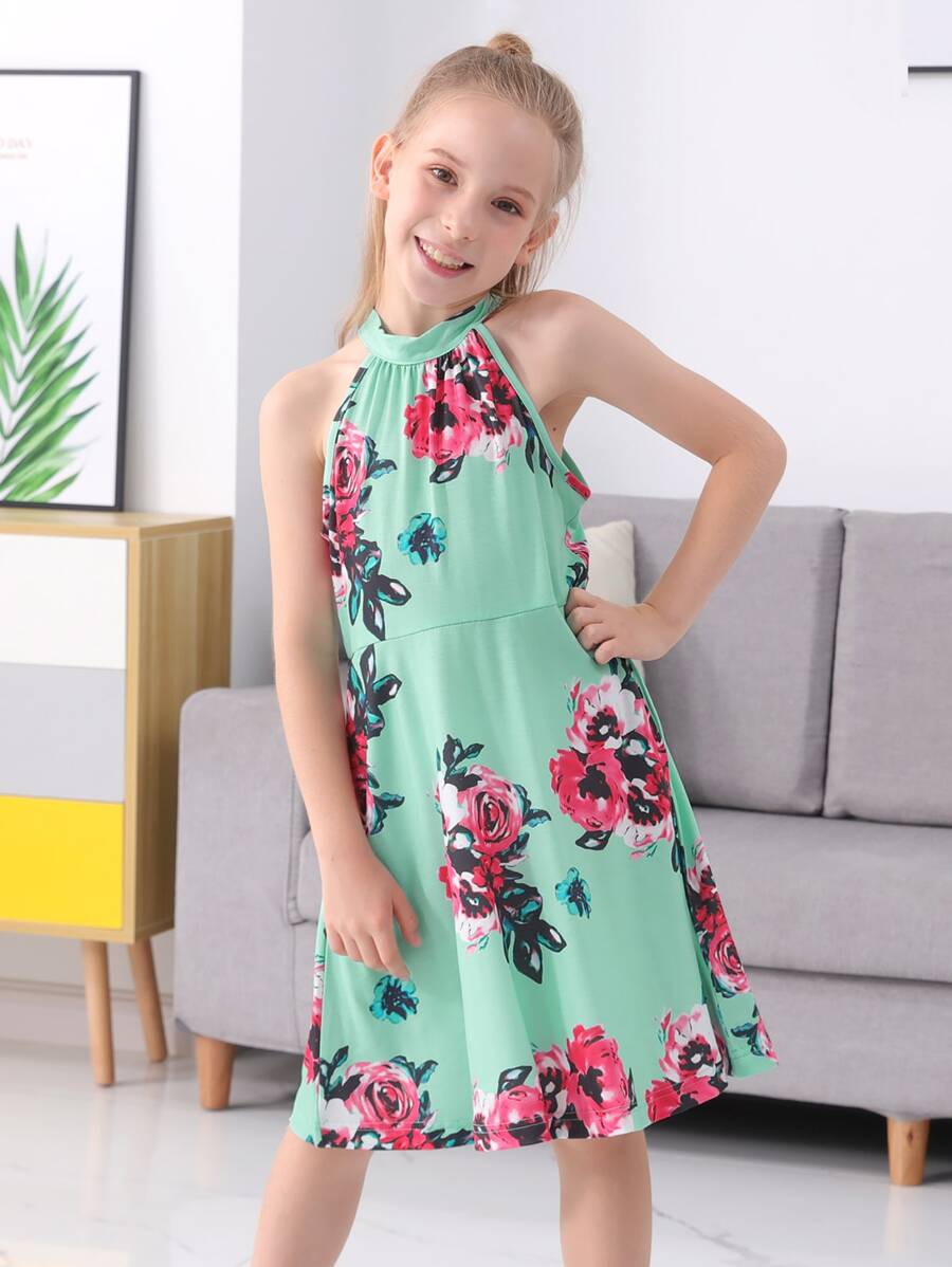 Đầm Gái Buộc lại Hoa Boho - Màu xanh Bạc hà - Xem 1