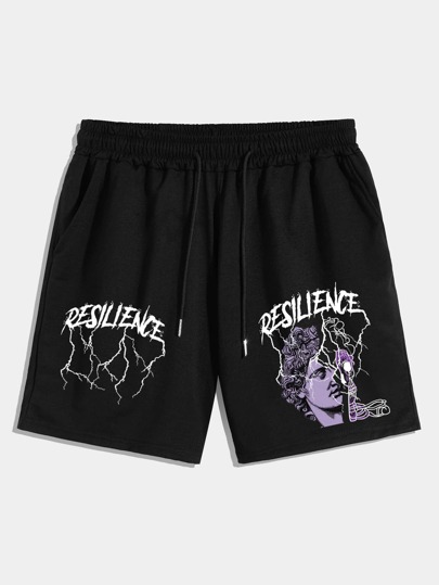 Street Life Guys Letter & Figure Graphic Drawstring Waist Shorts