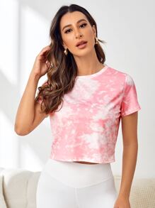 Easithlete Tie Dye Print Crop Sports Tee Gym Top - Pink - View 3
