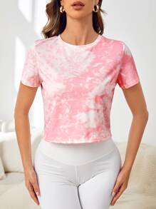 Easithlete Tie Dye Print Crop Sports Tee Gym Top - Pink - View 4