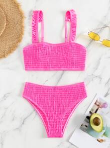 SHEIN Swim 夏季沙灘上彈性泳裝套裝，褶邊裝飾 - 玫紅色 - 查看 1