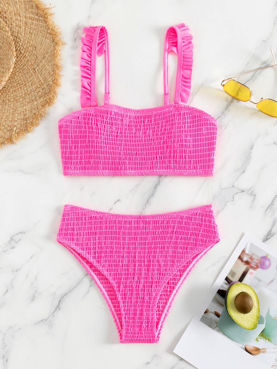 SHEIN Swim 夏季沙灘上彈性泳裝套裝,褶邊裝飾 - 玫紅色 - 查看 1