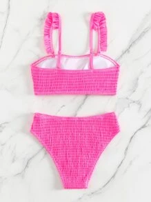 SHEIN Swim 夏季沙灘上彈性泳裝套裝，褶邊裝飾 - 玫紅色 - 查看 2
