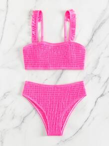 SHEIN Swim 夏季沙灘上彈性泳裝套裝，褶邊裝飾 - 玫紅色 - 查看 3
