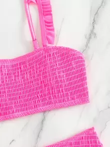 SHEIN Swim 夏季沙灘上彈性泳裝套裝，褶邊裝飾 - 玫紅色 - 查看 4