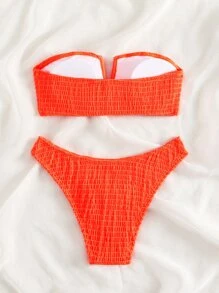 Swim Mod Summer Beach Shirred Ruffle Trim Bandeau Bikini Set, Bathing Suit - Orange - View 2