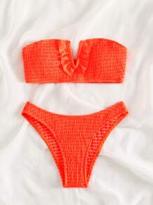 Swim Mod Summer Beach Shirred Ruffle Trim Bandeau Bikini Set, Bathing Suit - Orange - View 3