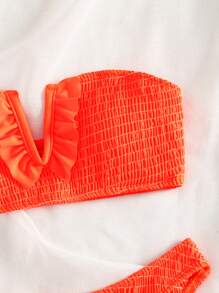 Swim Mod Summer Beach Shirred Ruffle Trim Bandeau Bikini Set, Bathing Suit - Orange - View 4