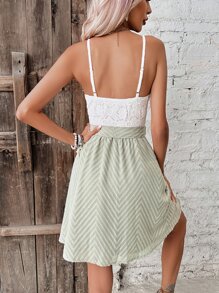 SHEIN Frenchy Colorblock Guipure Lace Panel Belted Cami Dress