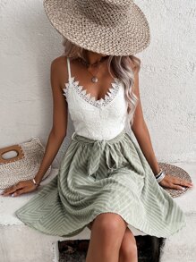 SHEIN Frenchy Colorblock Guipure Lace Panel Belted Cami Dress