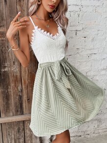 SHEIN Frenchy Colorblock Guipure Lace Panel Belted Cami Dress