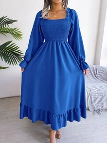 Kleid mit eckigem Ausschnitt, Volant Ärmeln, Rüschen, - Königsblau - Übersicht 6
