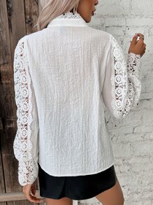 SHEIN Frenchy Guipure Lace Insert Lantern Sleeve Button Front Shirt - White - View 2