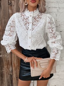 SHEIN Frenchy Guipure Lace Insert Lantern Sleeve Button Front Shirt - White - View 6