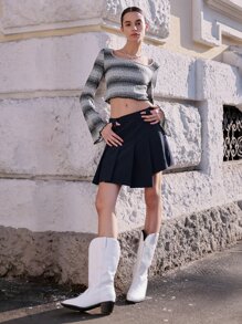 SHEIN Solid Asymmetrical Hem Pleated Skirt - Navy Blue - View 5