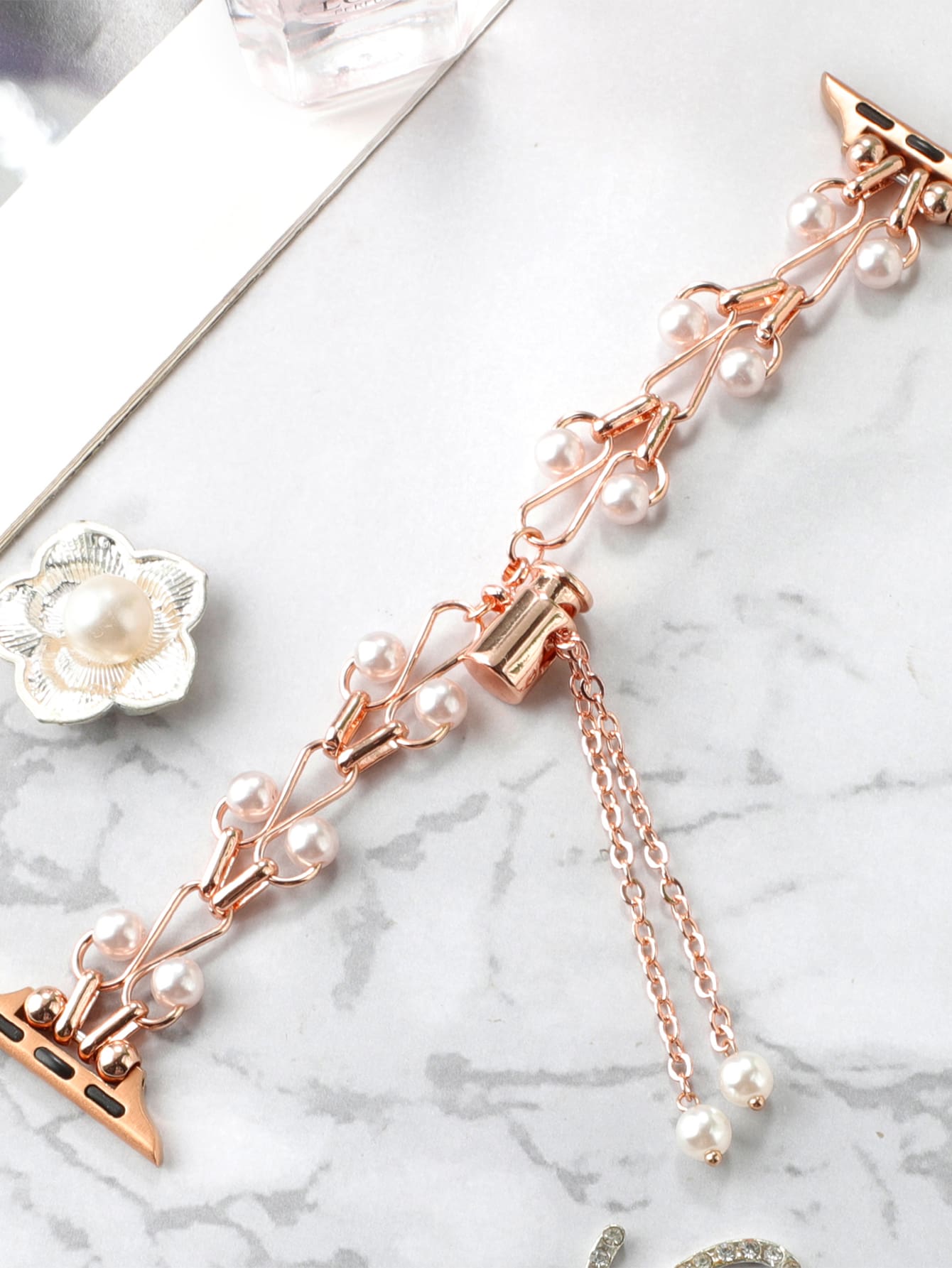 Faux Pearl Decor Watchband Compatible With Apple Watch - Rose Gold - View 1