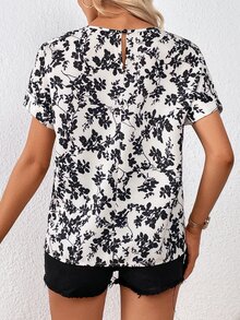 SHEIN Privé Floral Print Batwing Sleeve Blouse - Black and White - View 2