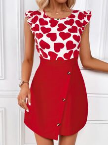 SHEIN Clasi Đầm Bất đối xứng Xù Nút giả Tim Giải trí - Đỏ và trắng - Xem 3