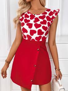 SHEIN Clasi Đầm Bất đối xứng Xù Nút giả Tim Giải trí - Đỏ và trắng - Xem 4