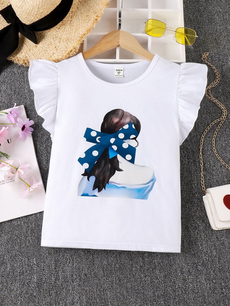 Chicas Camiseta con estampado de figura ribete con fruncido de manga mariposa - Blanco - Ver 1