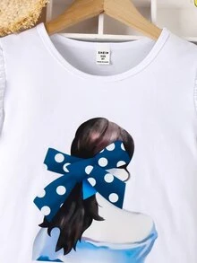 Chicas Camiseta con estampado de figura ribete con fruncido de manga mariposa - Blanco - Ver 4
