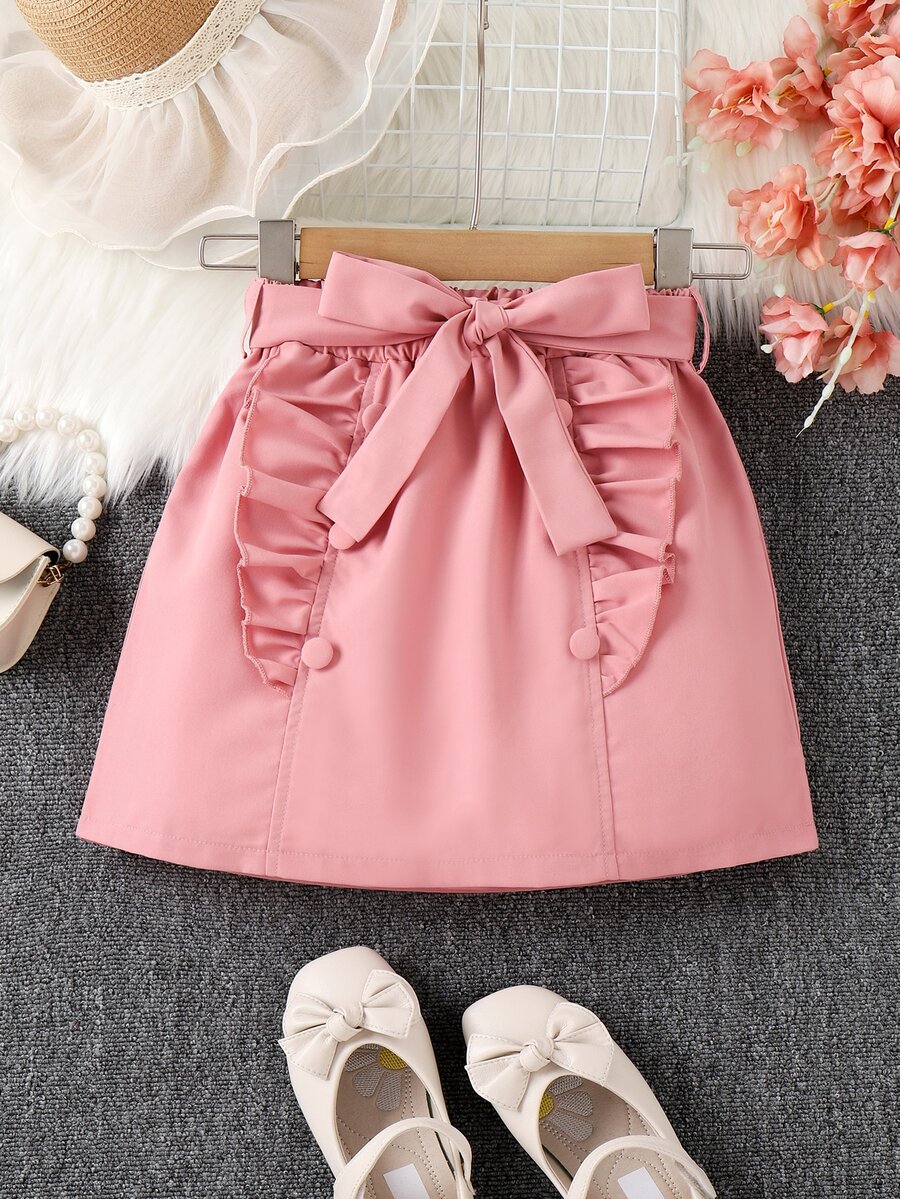 Chicas Falda ribete con fruncido con diseño de botón - Rosa - Ver 1